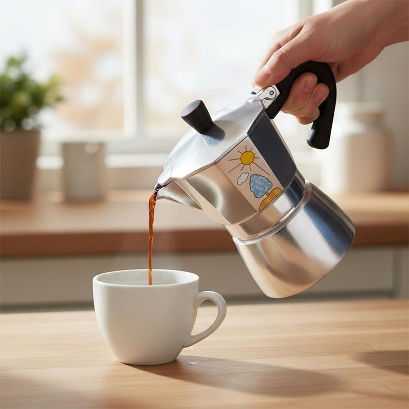 Any Morning Stovetop Espresso Maker, Moka Pot, Italian Coffee Maker, Coffee Percolator, Aluminum Moca Pots, 6 Cups / 8 oz / 240 ml, Silver Black - HES-6 - Image 4